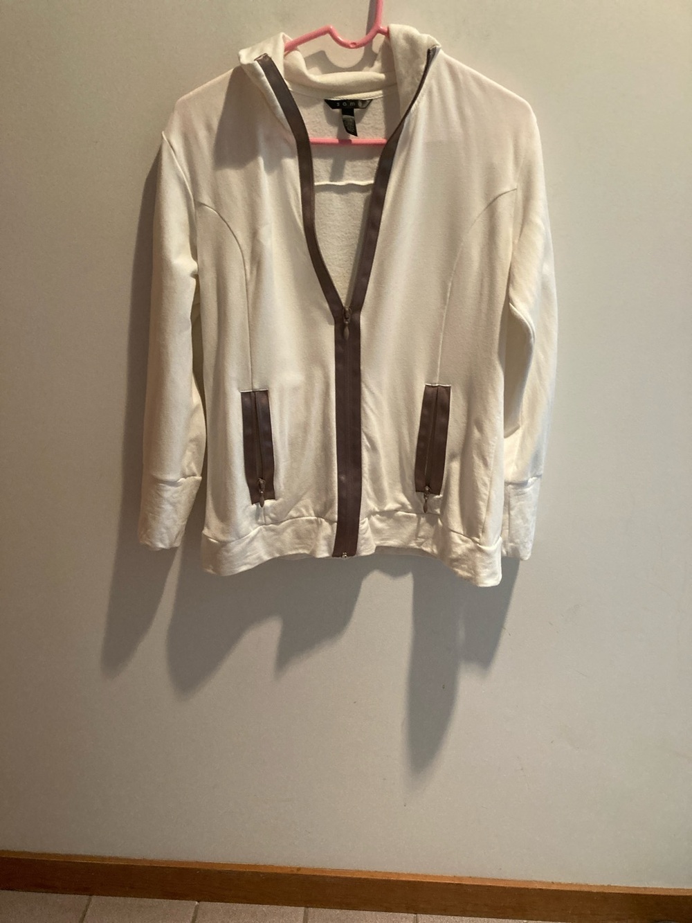 Soma White Hooded Zip Jacket with Brown Trim